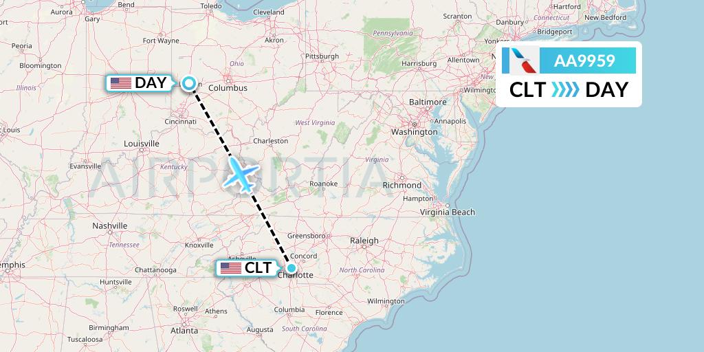 AA9959 American Airlines Flight Map: Charlotte to Dayton
