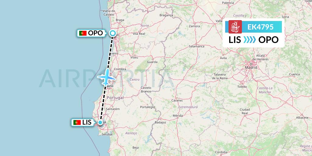 EK4795 Emirates Flight Map: Lisbon to Porto