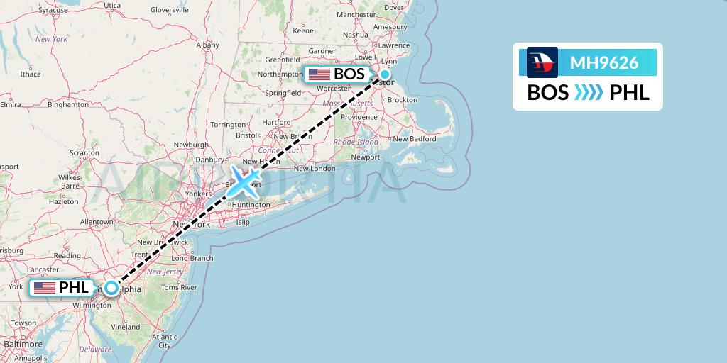 MH9626 Malaysia Airlines Flight Map: Boston to Philadelphia