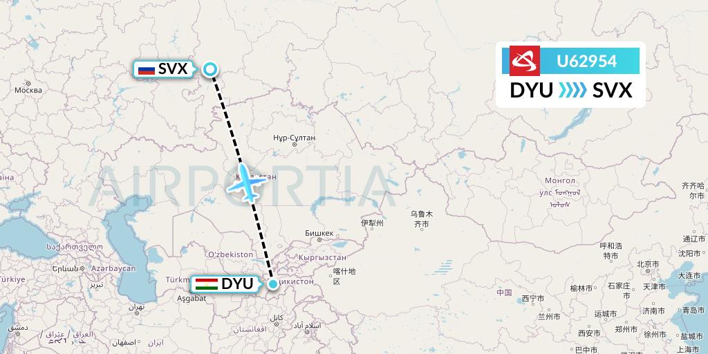 U62954 Ural Airlines Flight Map: Dushanbe to Yekaterinburg