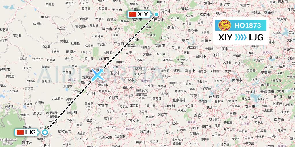 HO1873 Juneyao Airlines Flight Map: Xi'an to Lijiang
