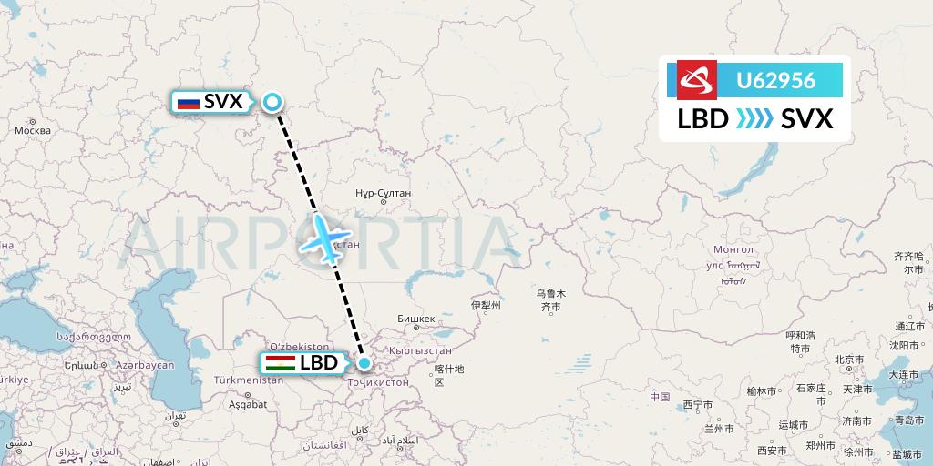 U62956 Ural Airlines Flight Map: Khudzhand to Yekaterinburg