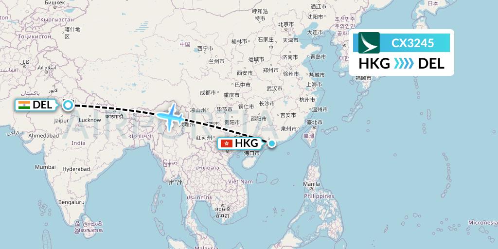 CX3245 Cathay Pacific Flight Map: Hong Kong to Delhi