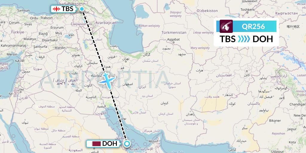 QR256 Qatar Airways Flight Map: Tbilisi to Doha
