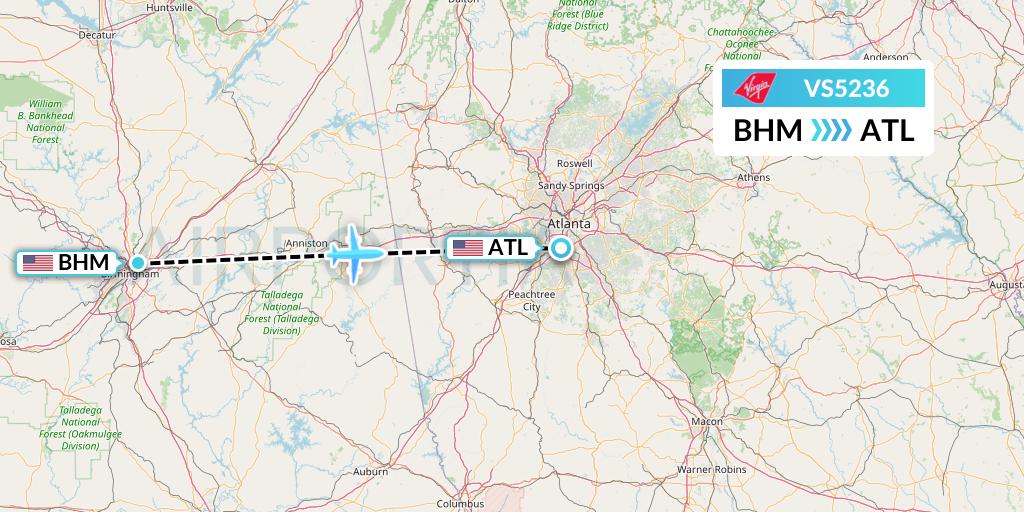 VS5236 Virgin Atlantic Airways Flight Map: Birmingham to Atlanta