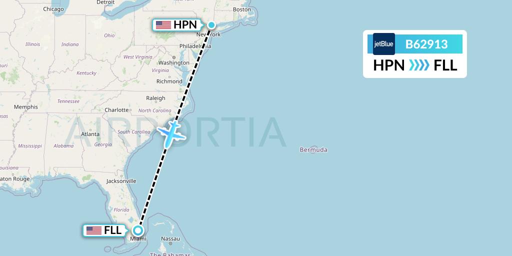 B62913 JetBlue Airways Flight Map: White Plains to Fort Lauderdale