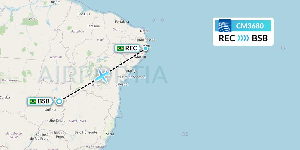 CM3680 Copa Airlines Flight Map: Recife to Brasilia