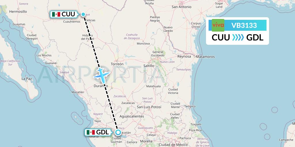 VB3133 VivaAerobus Flight Map: Chihuahua to Guadalajara