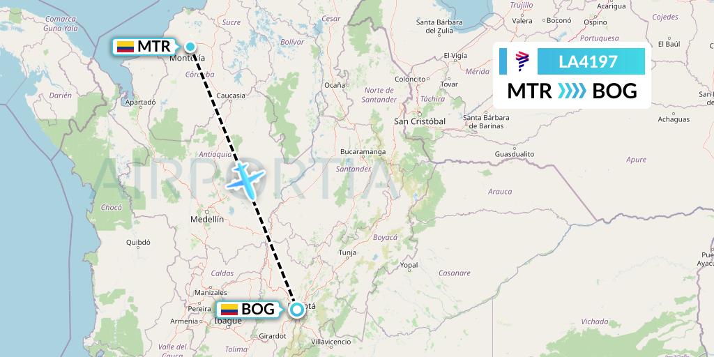 LA4197 LAN Airlines Flight Map: Monteria to Bogota