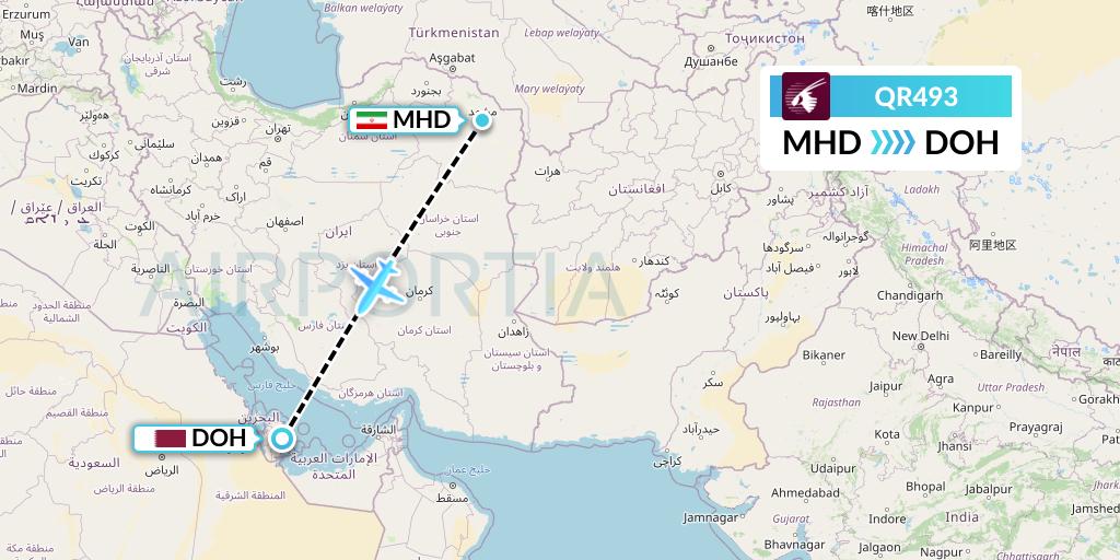 QR493 Qatar Airways Flight Map: Mashhad to Doha