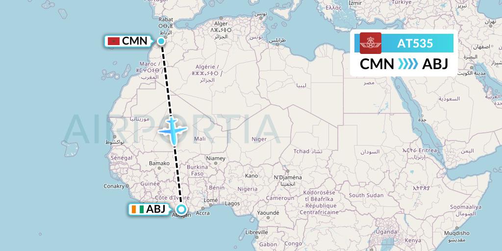 AT535 Royal Air Maroc Flight Map: Casablanca to Abidjan
