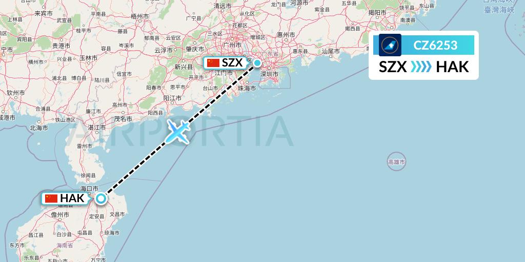 CZ6253 China Southern Airlines Flight Map: Shenzhen to Haikou