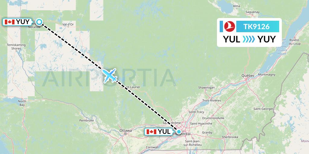 TK9126 Turkish Airlines Flight Map: Montreal to Rouyn