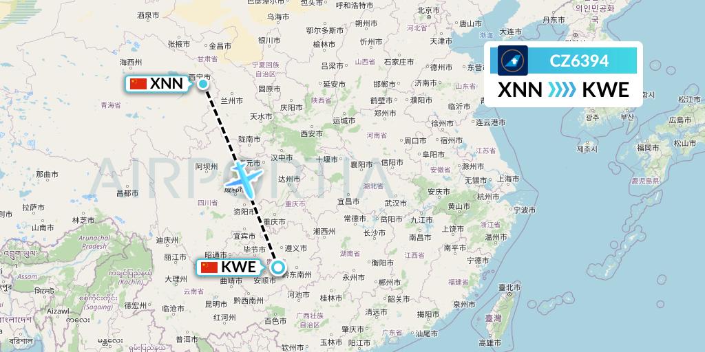 CZ6394 China Southern Airlines Flight Map: Xining to Guiyang
