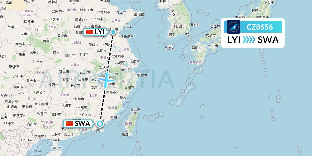CZ8656 China Southern Airlines Flight Map: Linyi to Jieyang
