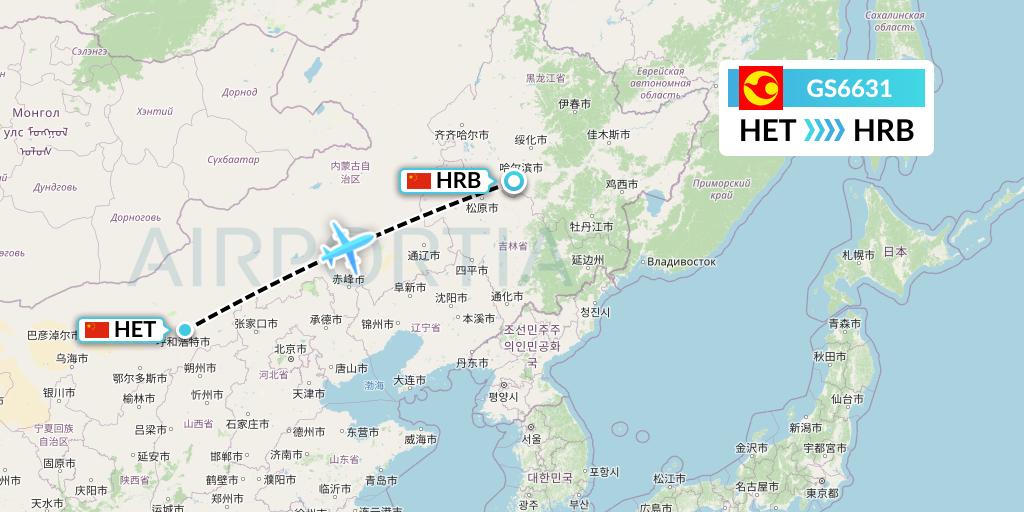 GS6631 Tianjin Airlines Flight Map: Hohhot to Harbin