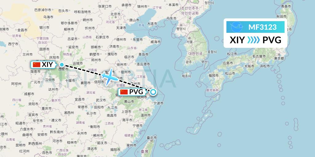 MF3123 Xiamen Airlines Flight Map: Xi'an to Shanghai