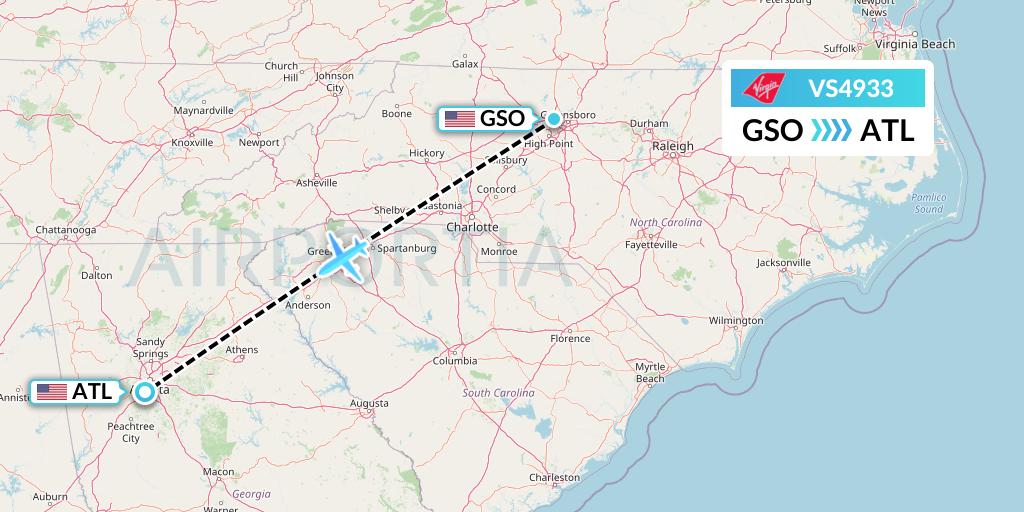 VS4933 Virgin Atlantic Airways Flight Map: Greensboro to Atlanta