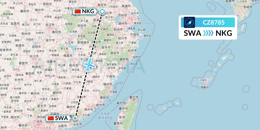 CZ8785 China Southern Airlines Flight Map: Jieyang to Nanjing