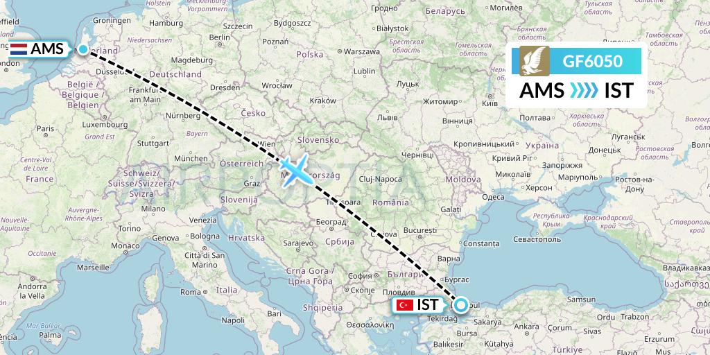 GF6050 Gulf Air Flight Map: Amsterdam to Istanbul