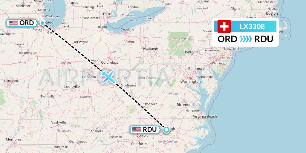LX3308 Swiss Flight Map: Chicago to Raleigh-Durham