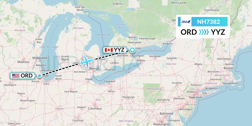 NH7382 All Nippon Airways Flight Map: Chicago to Toronto