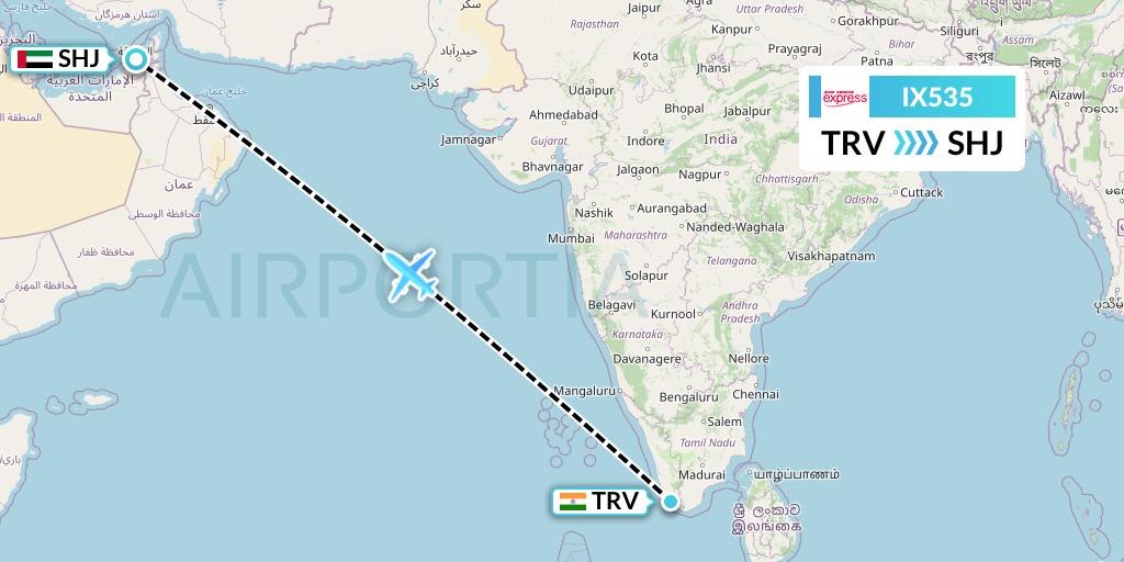 IX535 Air India Express Flight Map: Thiruvananthapuram to Sharjah