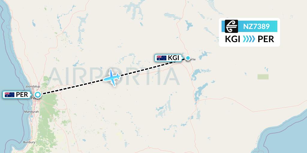 NZ7389 Air New Zealand Flight Map: Kalgoorlie to Perth