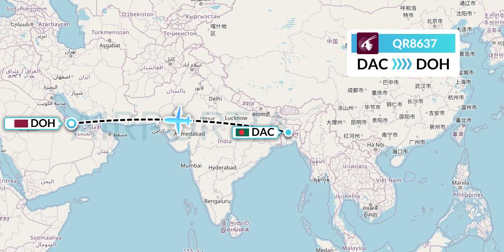 QR8637 Qatar Airways Flight Map: Dhaka to Doha