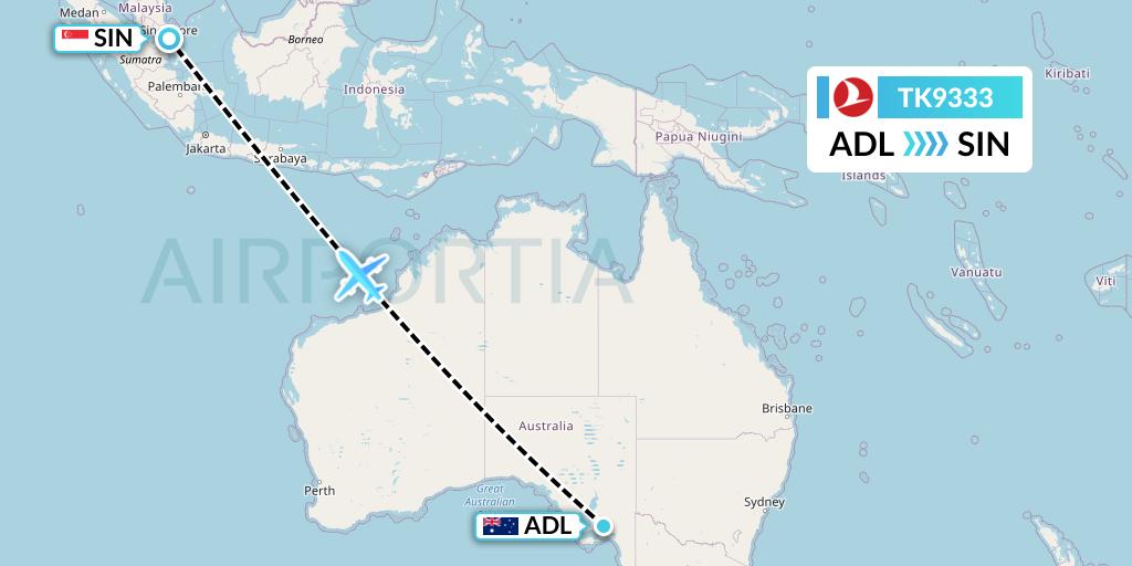 TK9333 Turkish Airlines Flight Map: Adelaide to Singapore