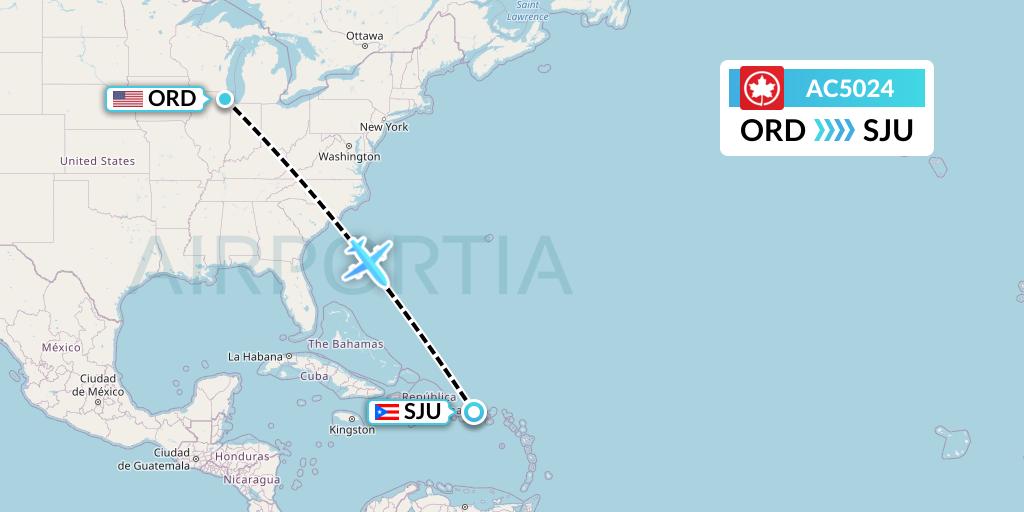 AC5024 Air Canada Flight Map: Chicago to San Juan