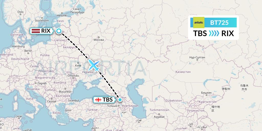 BT725 Air Baltic Flight Map: Tbilisi to Riga