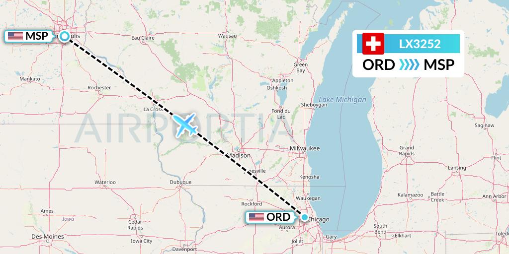 LX3252 Swiss Flight Map: Chicago to Minneapolis