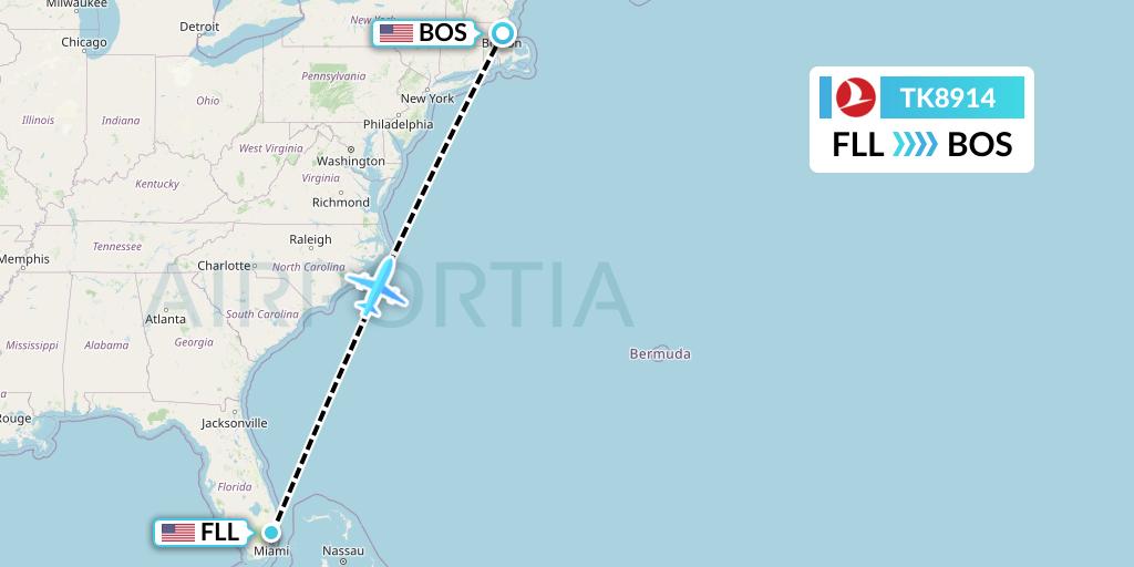 TK8914 Turkish Airlines Flight Map: Fort Lauderdale to Boston