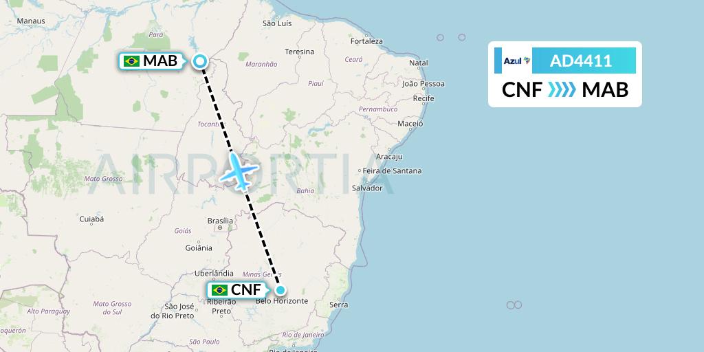AD4411 Azul Brazilian Airlines Flight Map: Belo Horizonte to Maraba