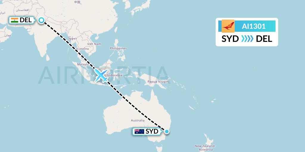 AI1301 Air India Flight Map: Sydney to Delhi