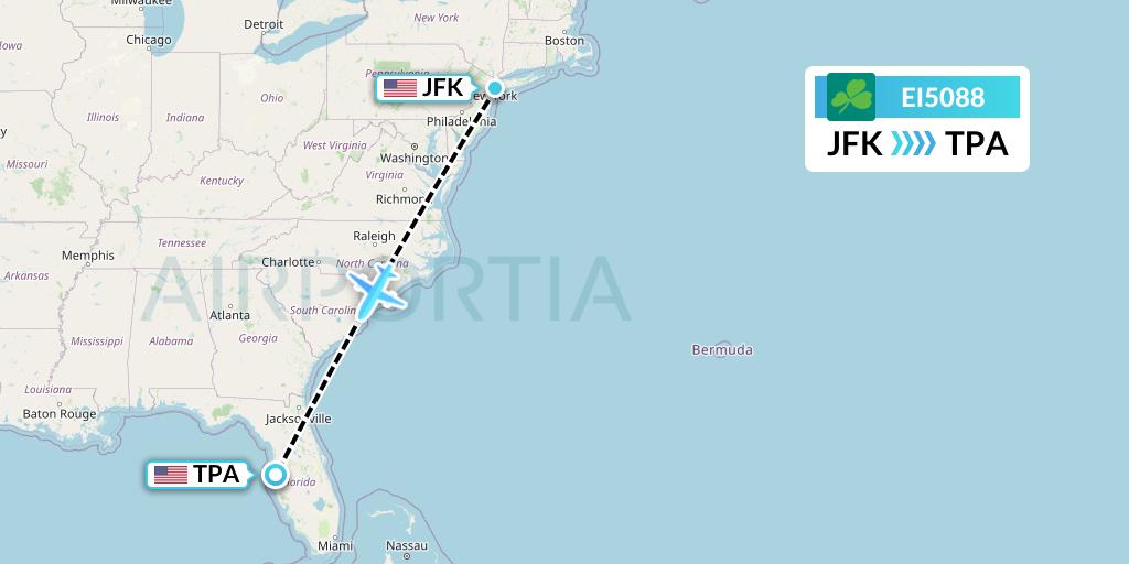 EI5088 Aer Lingus Flight Map: New York to Tampa