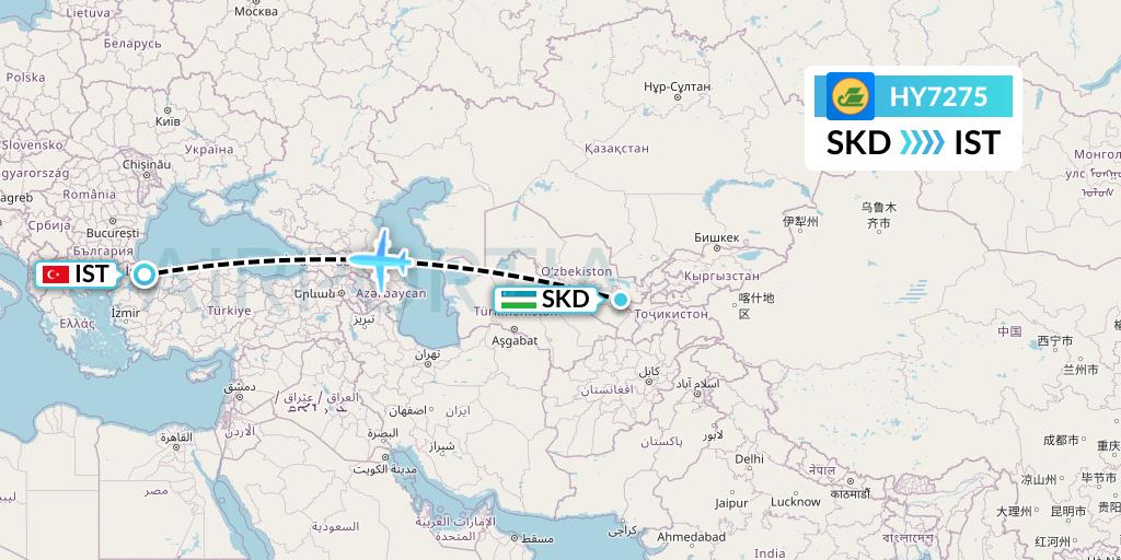 HY7275 Uzbekistan Airways Flight Map: Samarkand to Istanbul