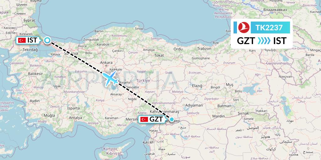 TK2237 Turkish Airlines Flight Map: Gaziantep to Istanbul