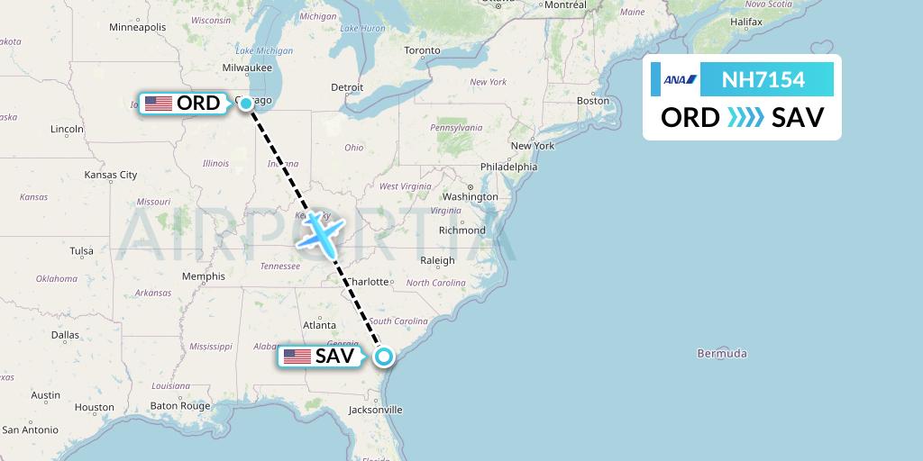 NH7154 All Nippon Airways Flight Map: Chicago to Savannah