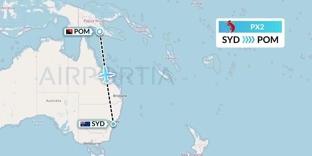 PX2 Air Niugini Flight Map: Sydney to Port Moresby