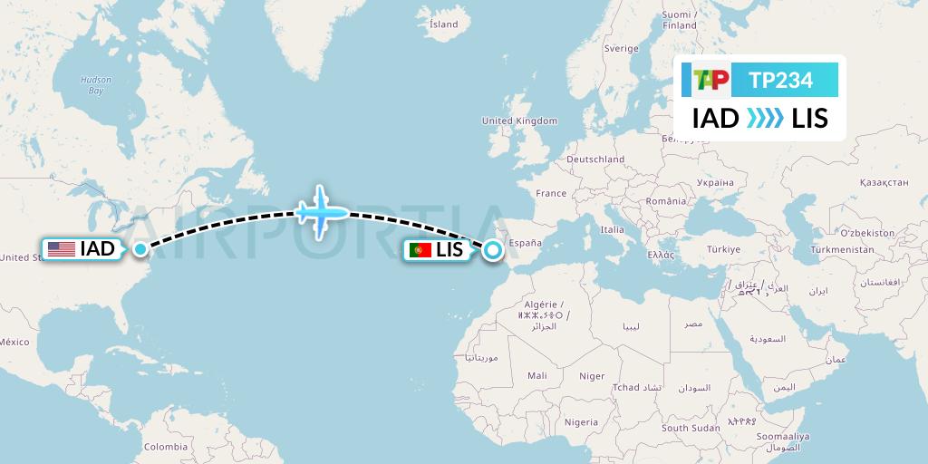 TP234 TAP Portugal Flight Map: Washington to Lisbon