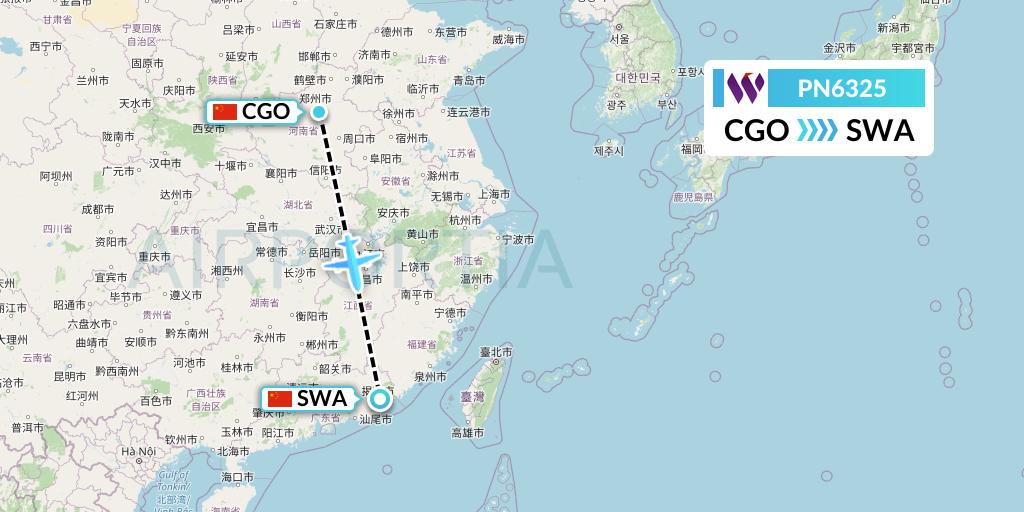 PN6325 China West Air Flight Map: Zhengzhou to Jieyang