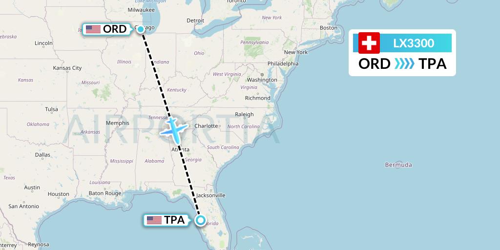 LX3300 Swiss Flight Map: Chicago to Tampa