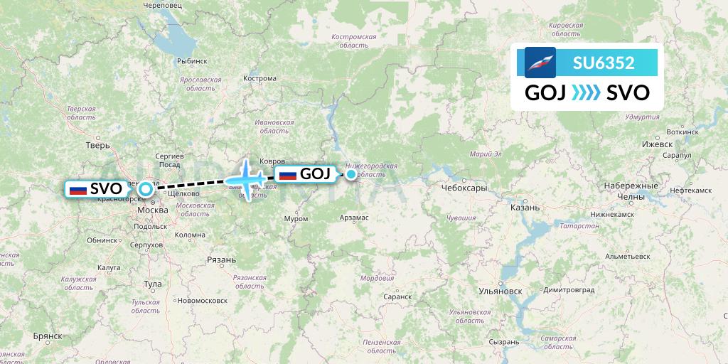 SU6352 Aeroflot Flight Map: Nizhny Novgorod to Moscow