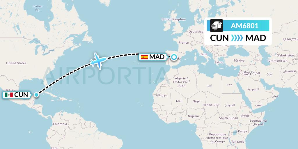 AM6801 Aeromexico Flight Map: Cancun to Madrid