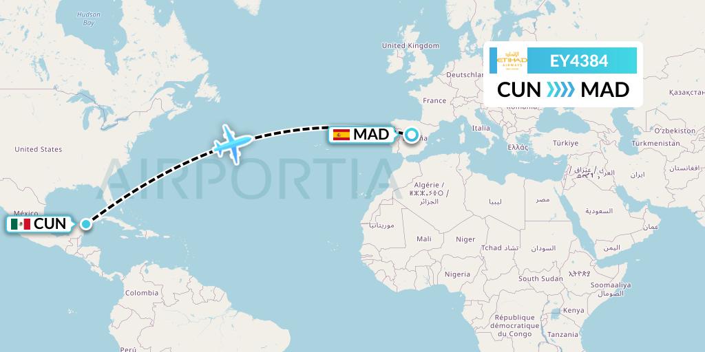 EY4384 Etihad Airways Flight Map: Cancun to Madrid
