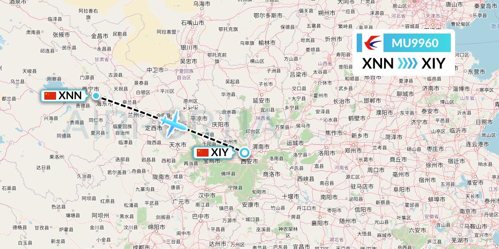 MU9960 China Eastern Airlines Flight Map: Xining to Xi'an