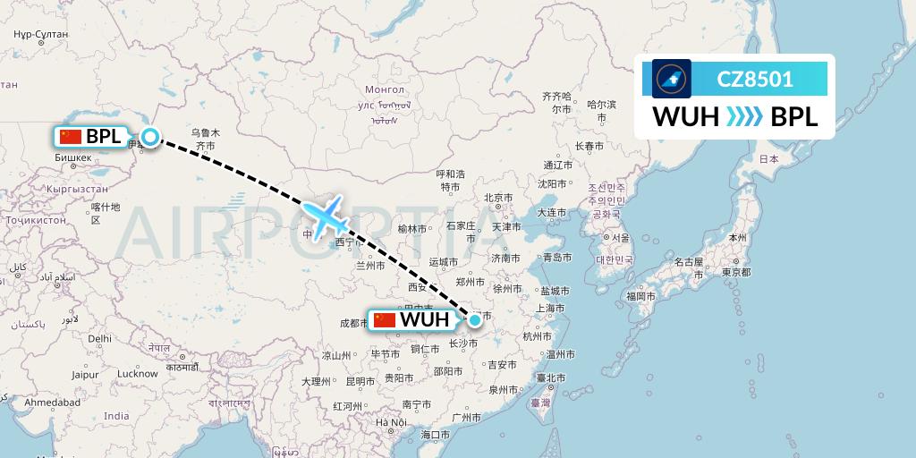 CZ8501 China Southern Airlines Flight Map: Wuhan to Bole