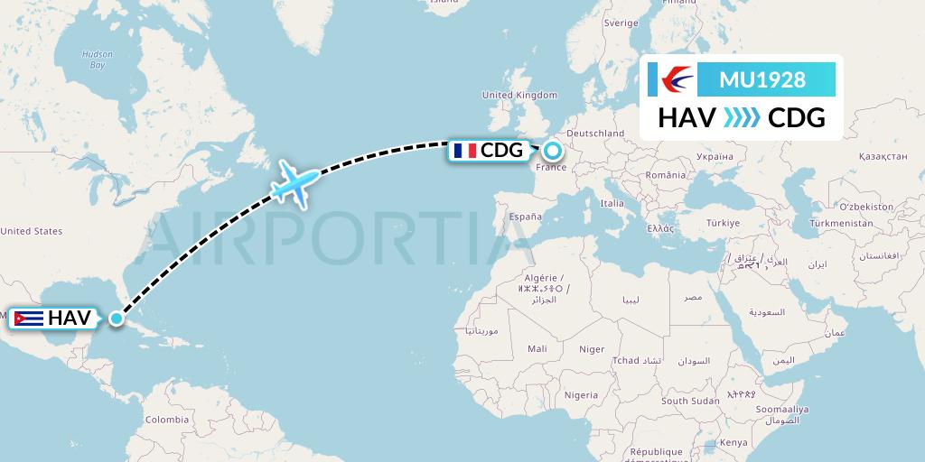 MU1928 China Eastern Airlines Flight Map: Havana to Paris